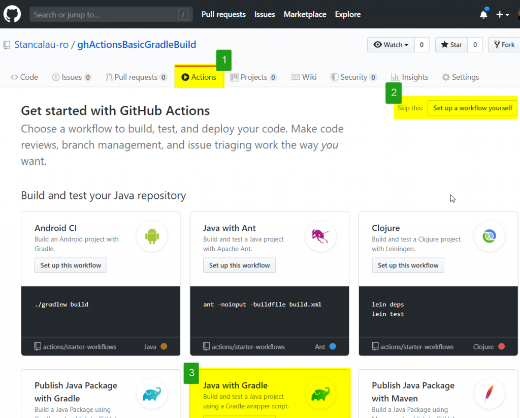 GitHub Actions Get Strated Screen